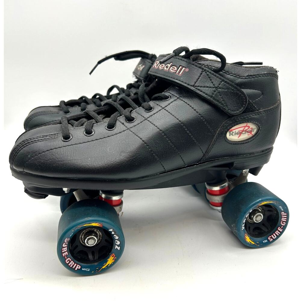Riedell Quad Roller Skates Black Leather Sure-Grip Zoom Wheels Size 10 Derby